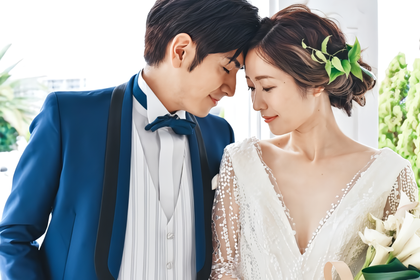 結婚式ランディングページ用写真・動画撮影の出張ブライダルヘアメイク後の新郎新婦モデル写真