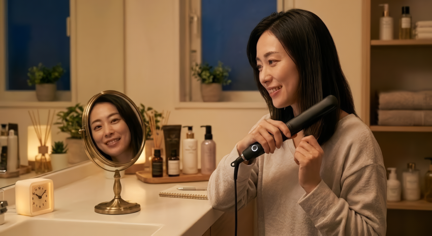 夜ストレートアイロンでヘアスタイリングをする女性