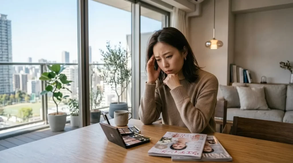 メイクやヘアスタイルのことで悩んでいる女性のイメージ画像