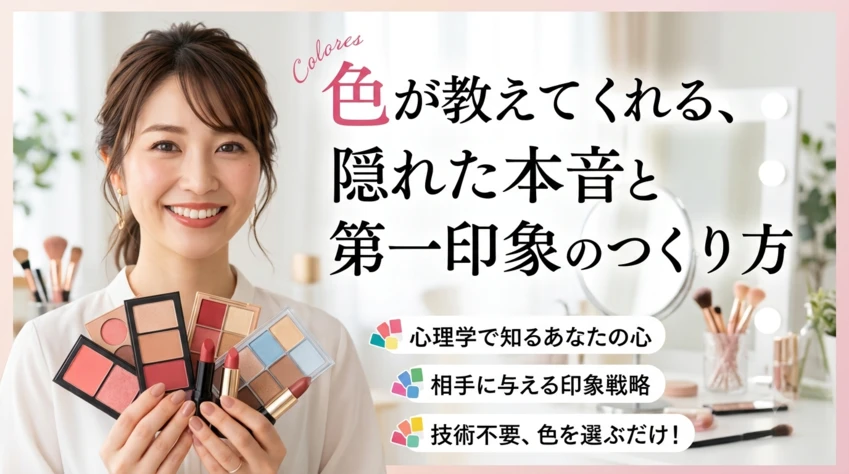 色が教えてくれる、隠れた本音と第一印象のつくり方。心理学で知るあなたの心、相手に与える印象戦略、技術不要、色を選ぶだけ！という文字と、メイク道具を持つ笑顔の女性。